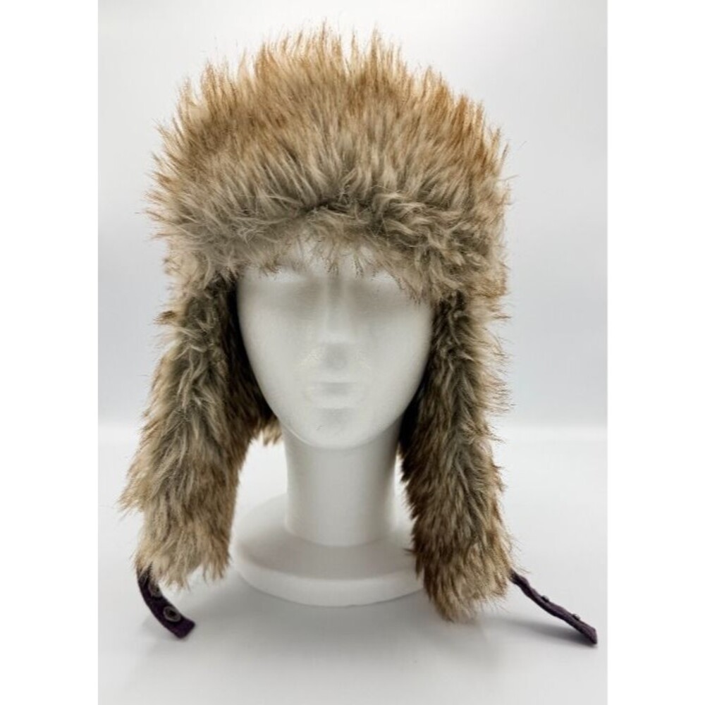 REI Plum Purple Wool Blend Mixed Tweed Faux Fur Trapper Aviator Hat Cap L/XL